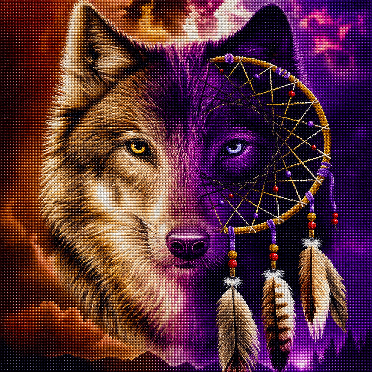 Wolf and dreamcatcher split face diamond painting kit close-up – wolf face split between warm golden tones and deep purple shadow with dreamcatcher overlay and feathers, sparkling full drill 5D resin diamond texture — Azurra Shop

