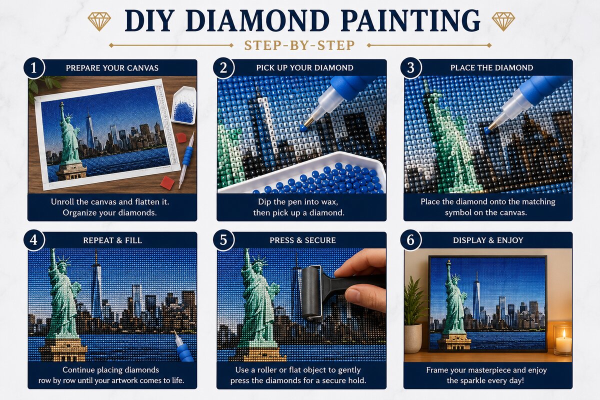 Step by step guide showing how to complete the Statue of Liberty diamond painting kit | Azurra Shop