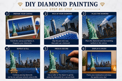 Step by step guide showing how to complete the Statue of Liberty diamond painting kit | Azurra Shop