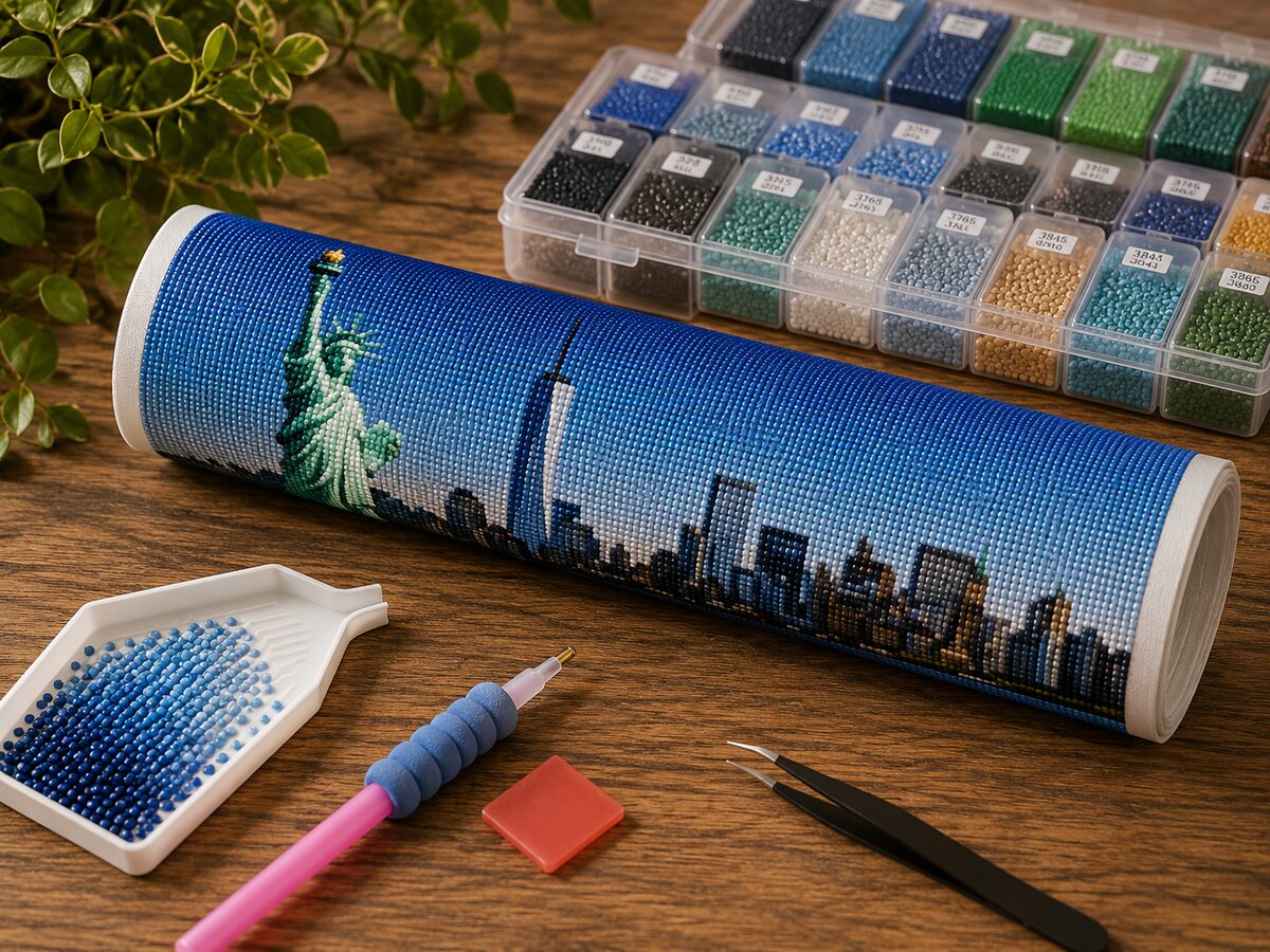 Rolled canvas and full supplies for the Statue of Liberty kit, including diamond packets and applicator pen | Azurra Shop
