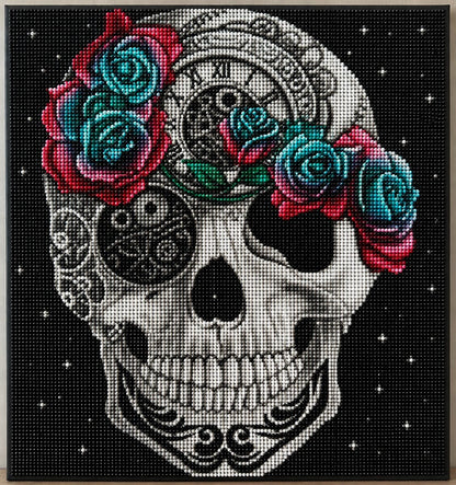 Close up of the finished steampunk sugar skull diamond painting with clock gears and teal and red roses | Azurra Shop