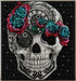 Close up of the finished steampunk sugar skull diamond painting with clock gears and teal and red roses | Azurra Shop