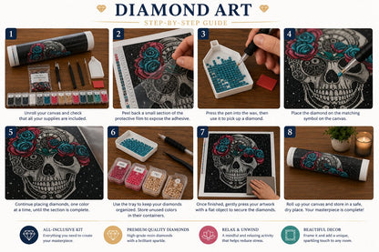 Eight step guide showing how to complete the steampunk sugar skull diamond painting | Azurra Shop