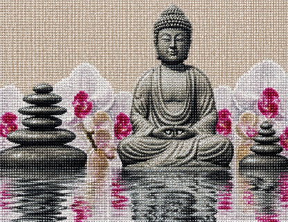 Close up of the finished stone Buddha and pink orchid water reflection diamond painting with sparkling drills
