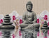 Close up of the finished stone Buddha and pink orchid water reflection diamond painting with sparkling drills