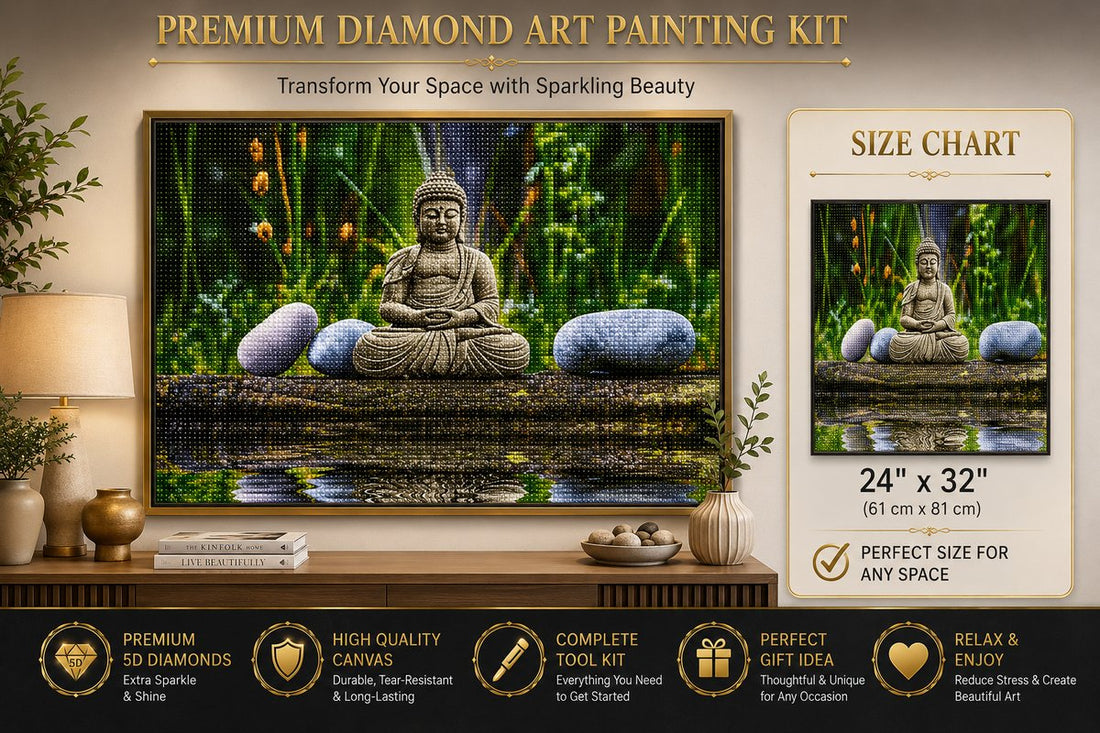 Rolled canvas and supplies for the stone Buddha by still waters kit, including drills and applicator pen