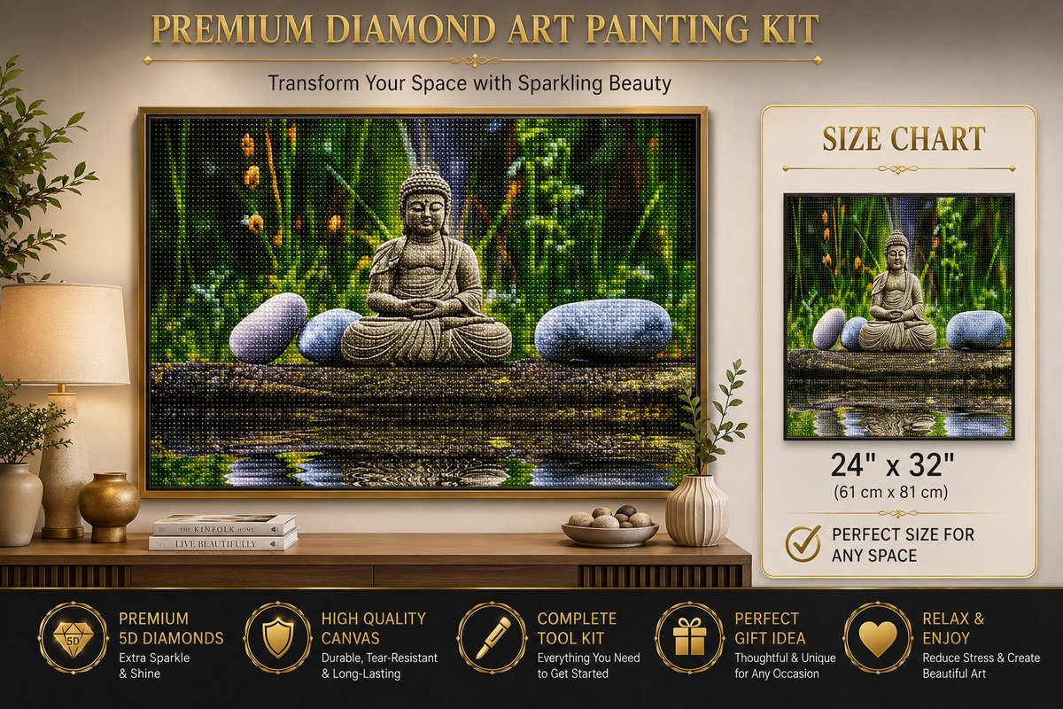 Rolled canvas and supplies for the stone Buddha by still waters kit, including drills and applicator pen