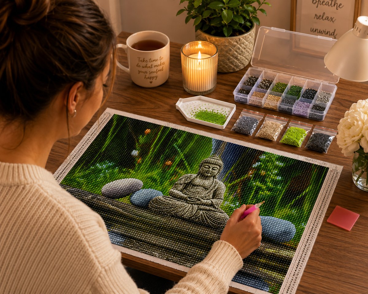 Working on the stone Buddha by still waters kit at a cozy desk