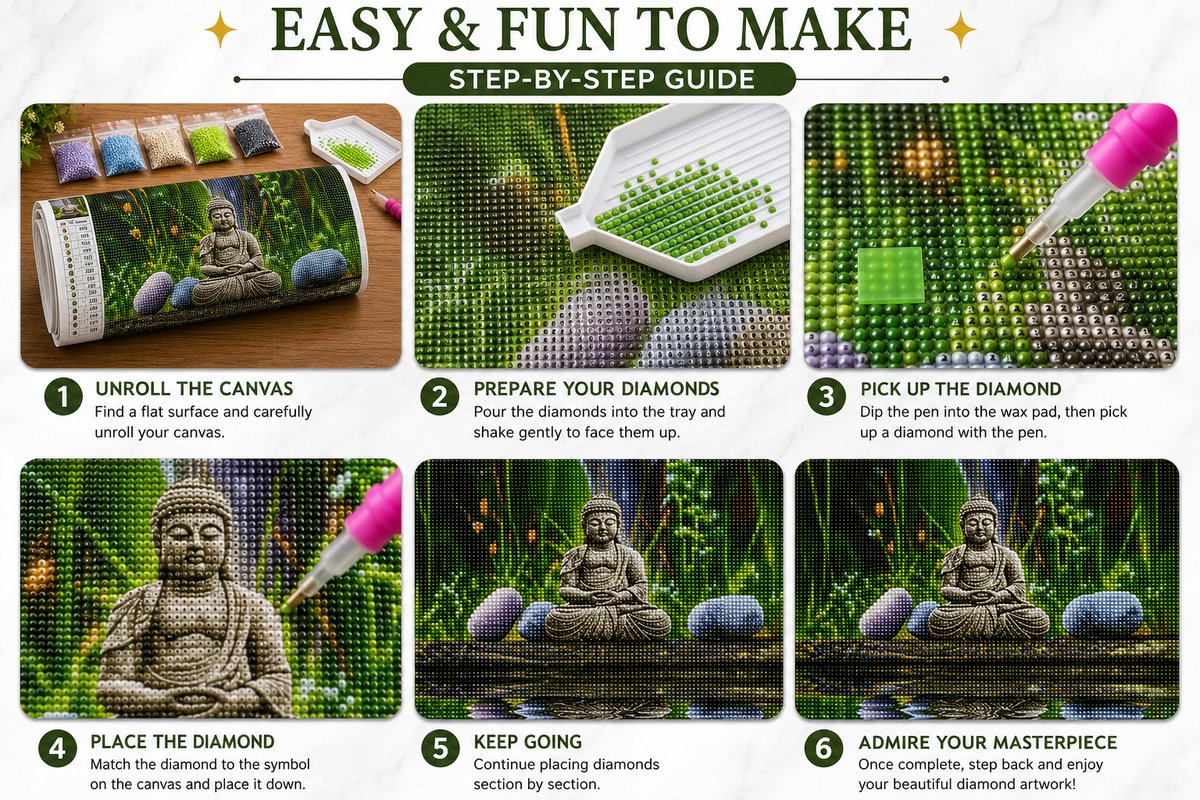 Step by step guide showing how to complete the stone Buddha by still waters diamond painting