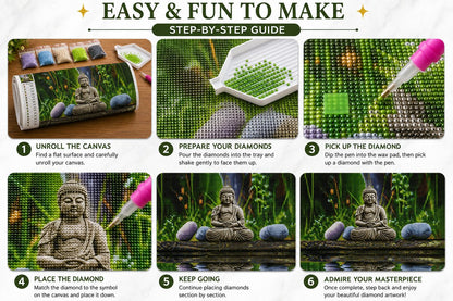 Step by step guide showing how to complete the stone Buddha by still waters diamond painting