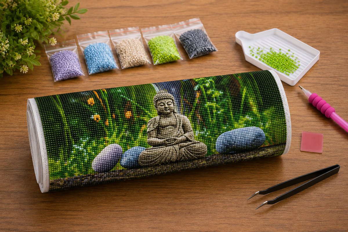 Supplies laid out for the stone Buddha by still waters diamond painting kit