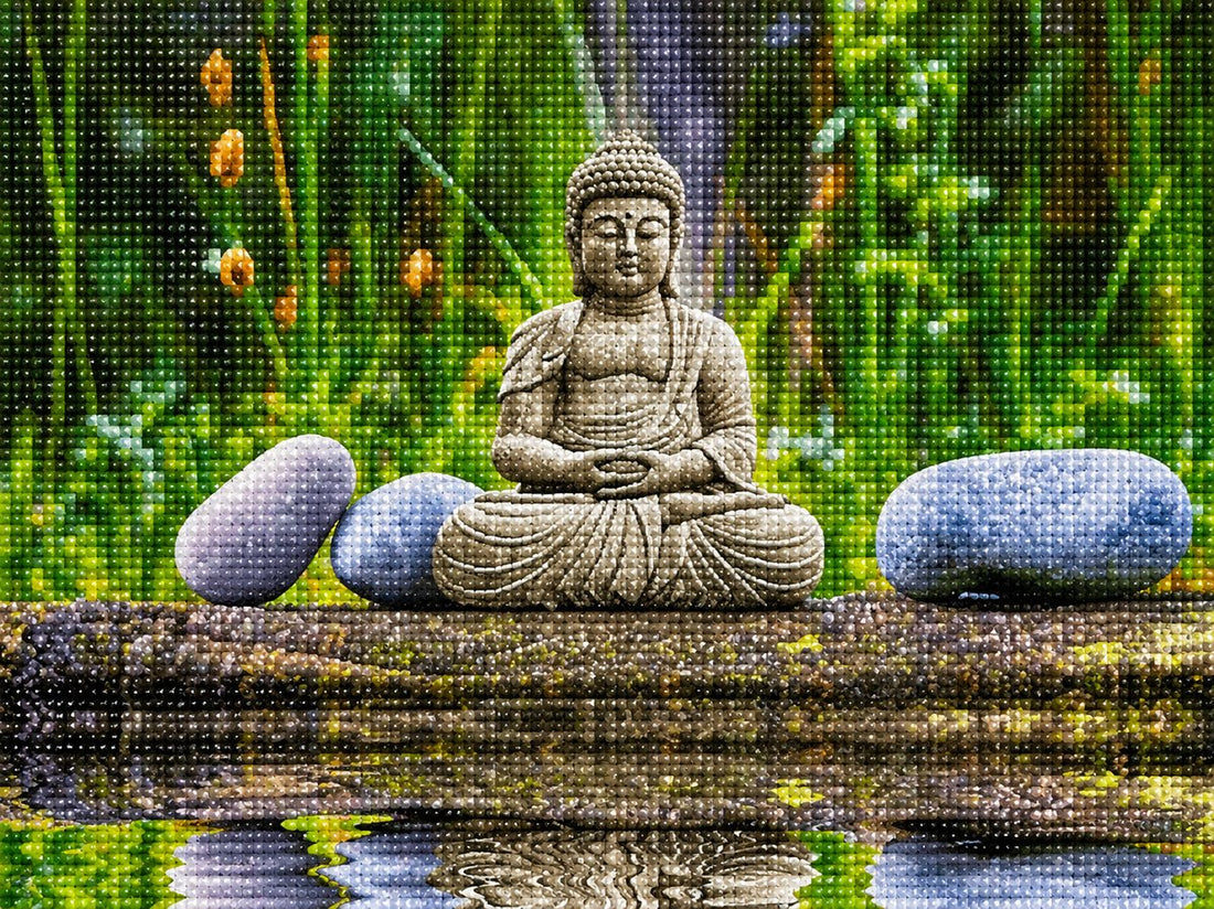Close up of the finished stone Buddha by still waters diamond painting with sparkling drills