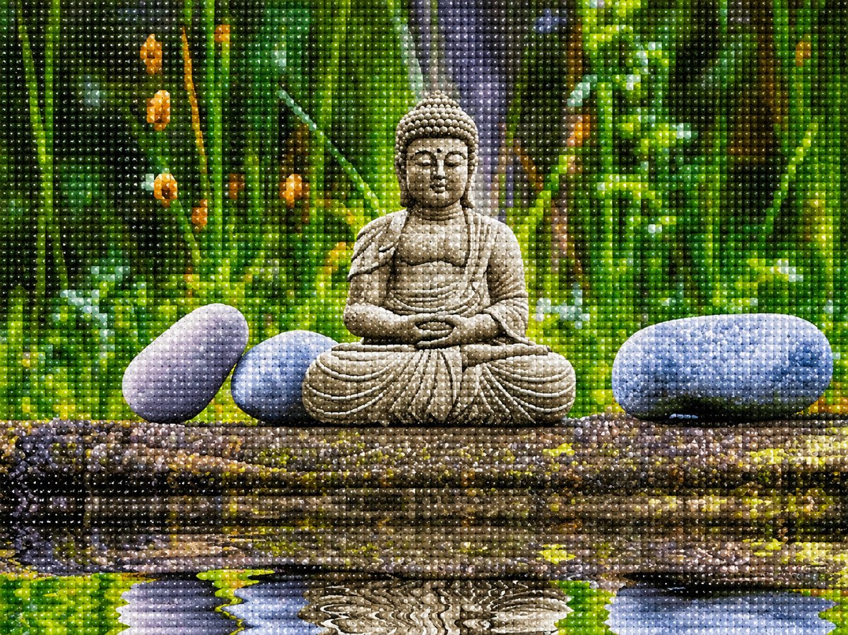 Close up of the finished stone Buddha by still waters diamond painting with sparkling drills