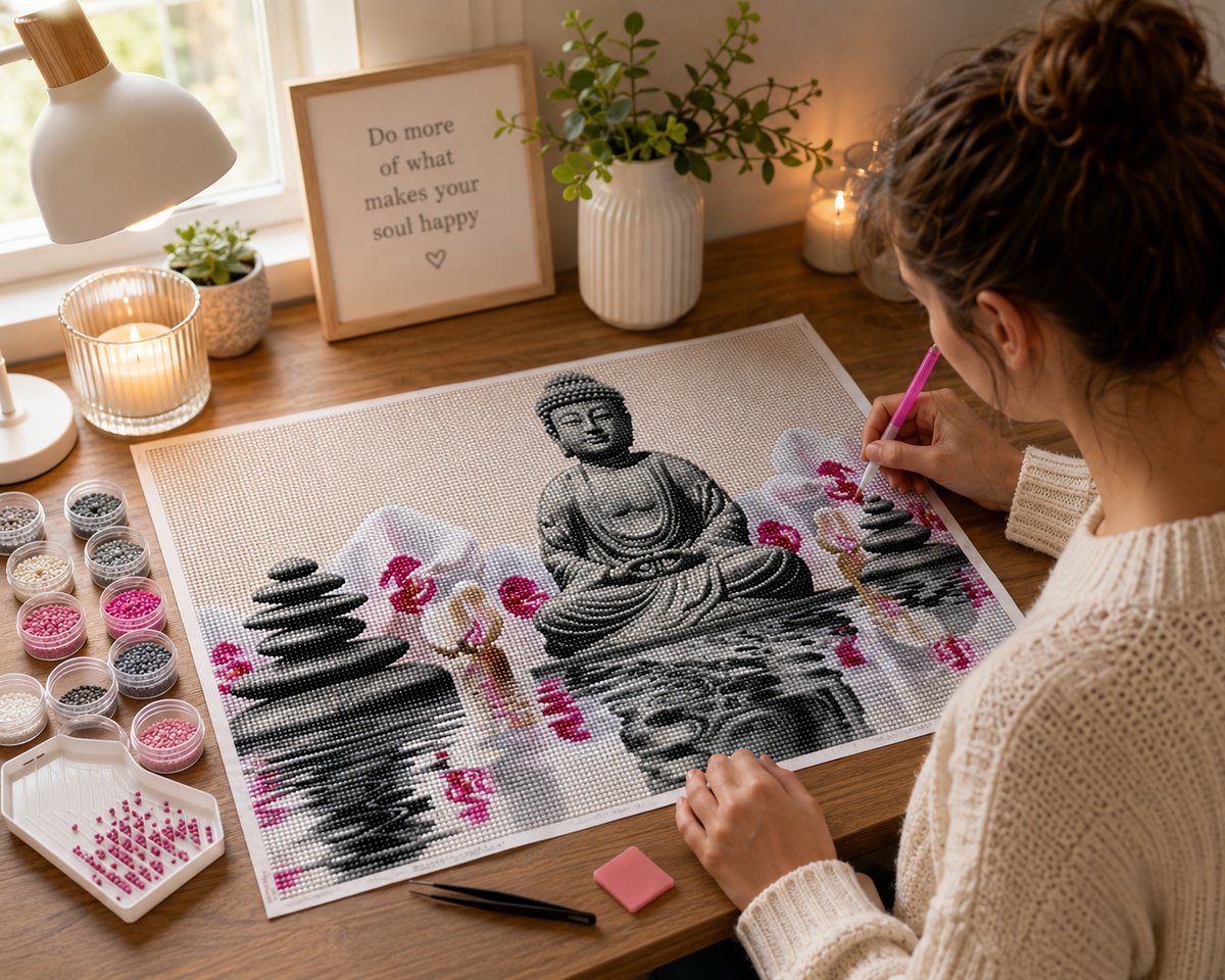 Working on the stone Buddha and pink orchid water reflection kit at a cozy candlelit desk