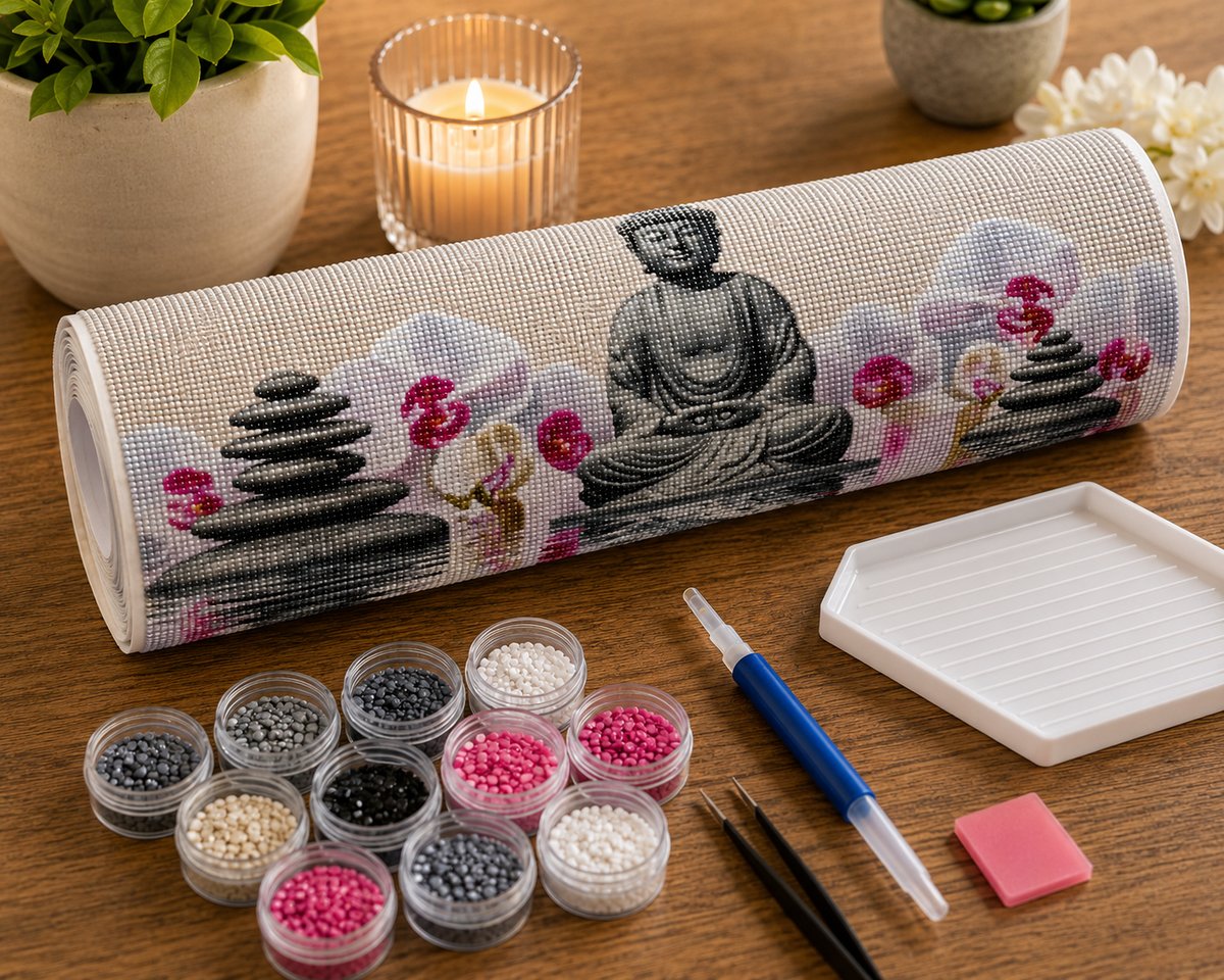Supplies laid out for the stone Buddha and pink orchid water reflection diamond painting kit