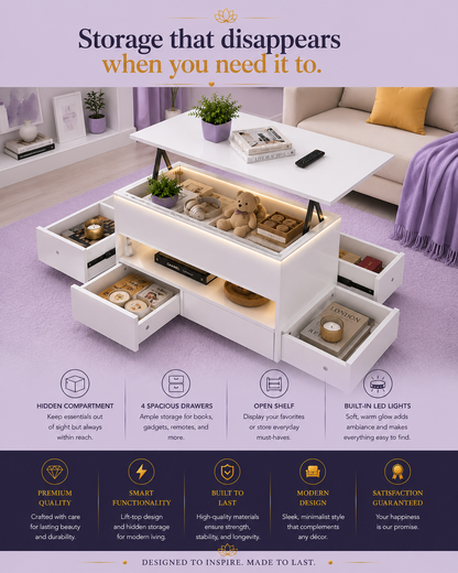 Lift-Top Coffee Table with LED Lights &amp; 4 Drawers — White