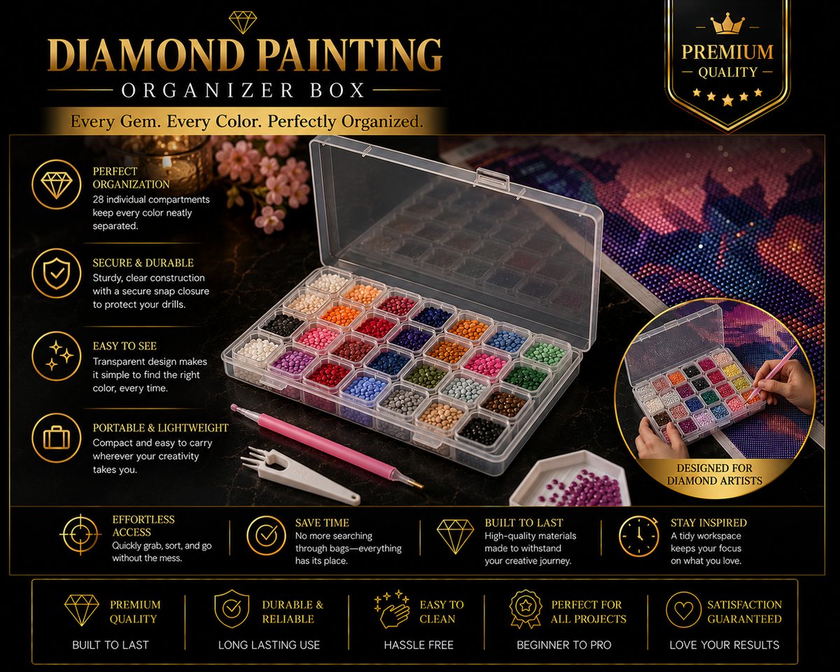 Open 28 compartment diamond painting storage box filled with sorted diamond colors, with pen and tweezers