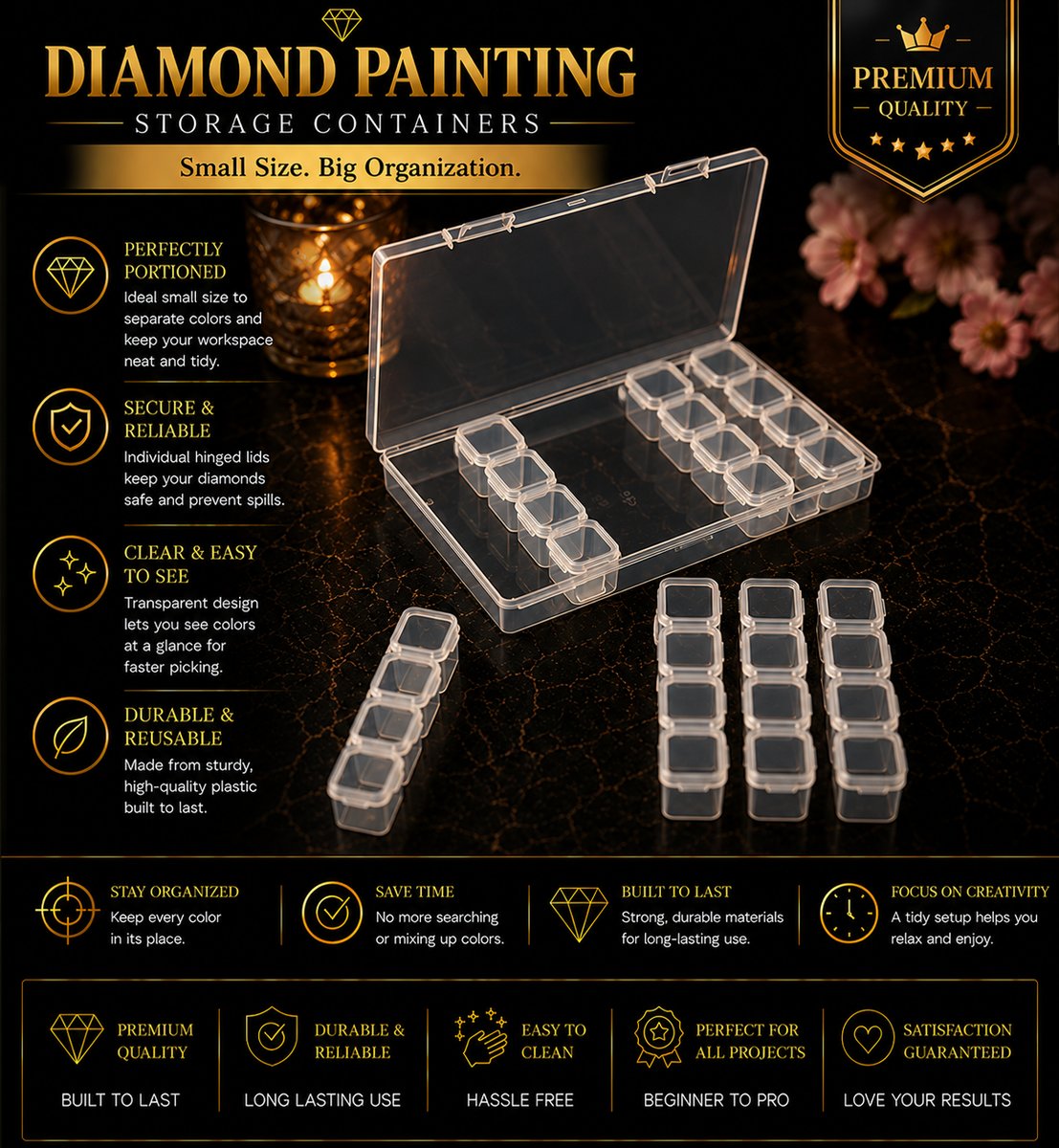 Woman picking diamonds from the storage box while working on an abstract diamond painting