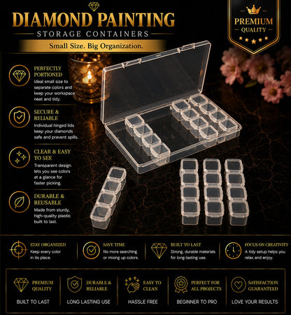Woman picking diamonds from the storage box while working on an abstract diamond painting