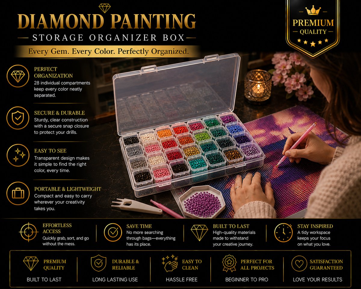 Empty diamond painting storage box with individual snap lid containers, some removed and shown separately