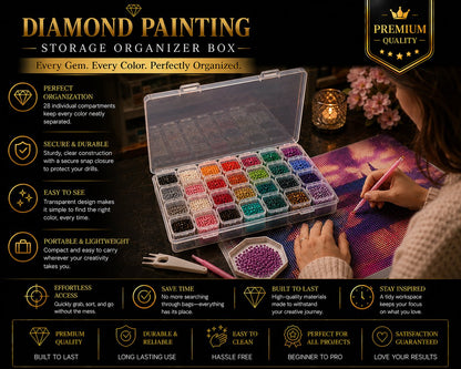 Empty diamond painting storage box with individual snap lid containers, some removed and shown separately