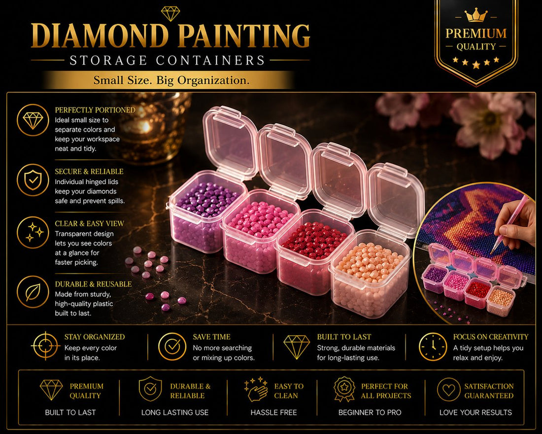 Four individual snap lid containers filled with purple, pink, red, and peach diamonds