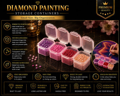 Four individual snap lid containers filled with purple, pink, red, and peach diamonds