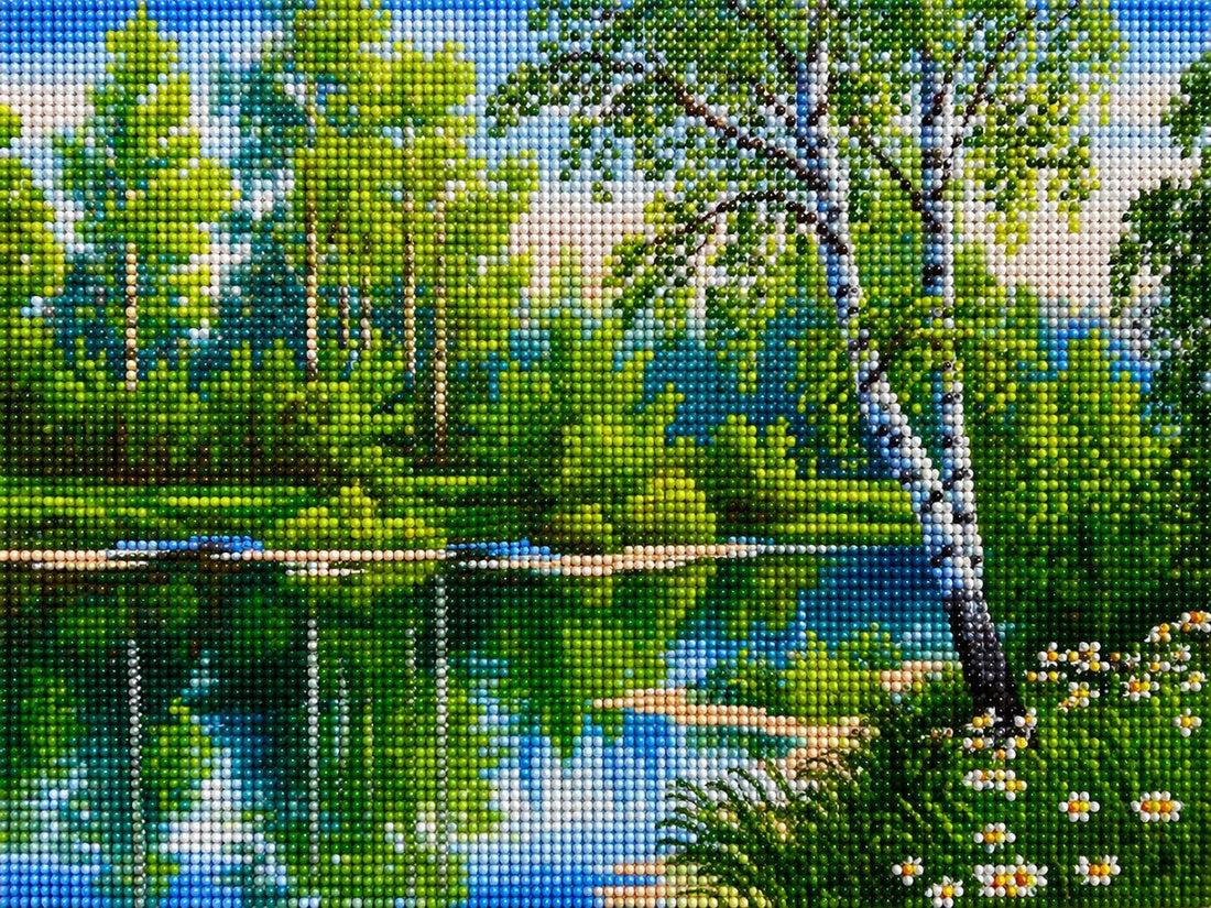 Close up of the finished birch forest stream diamond painting with sparkling drills | Azurra Shop