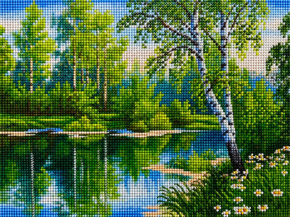 Close up of the finished birch forest stream diamond painting with sparkling drills | Azurra Shop