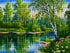 Close up of the finished birch forest stream diamond painting with sparkling drills | Azurra Shop