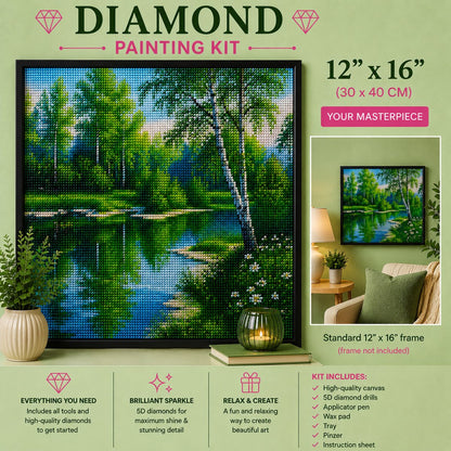 Framed birch forest stream diamond painting displayed in a cozy living room | Azurra Shop