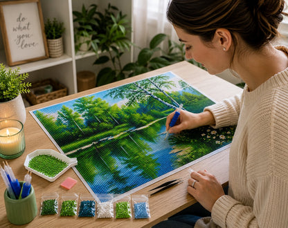 Working on the birch forest stream kit at a cozy desk with drill tools nearby | Azurra Shop