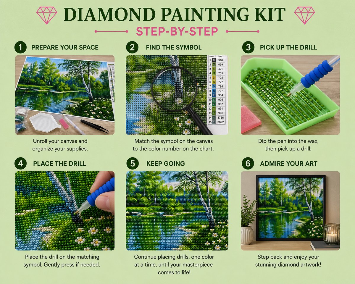 Step by step guide showing how to complete the birch forest stream diamond painting | Azurra Shop