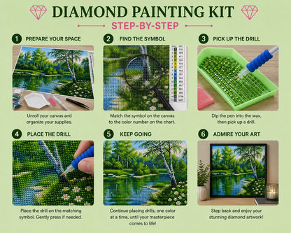 Step by step guide showing how to complete the birch forest stream diamond painting | Azurra Shop