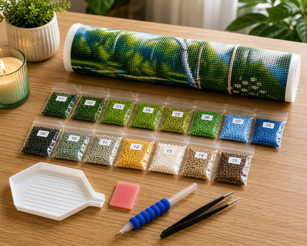 Rolled canvas and supplies for the birch forest stream kit, including drill packets, applicator pen, and wax pad | Azurra Shop
