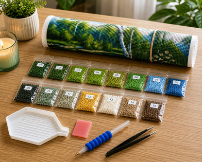 Rolled canvas and supplies for the birch forest stream kit, including drill packets, applicator pen, and wax pad | Azurra Shop