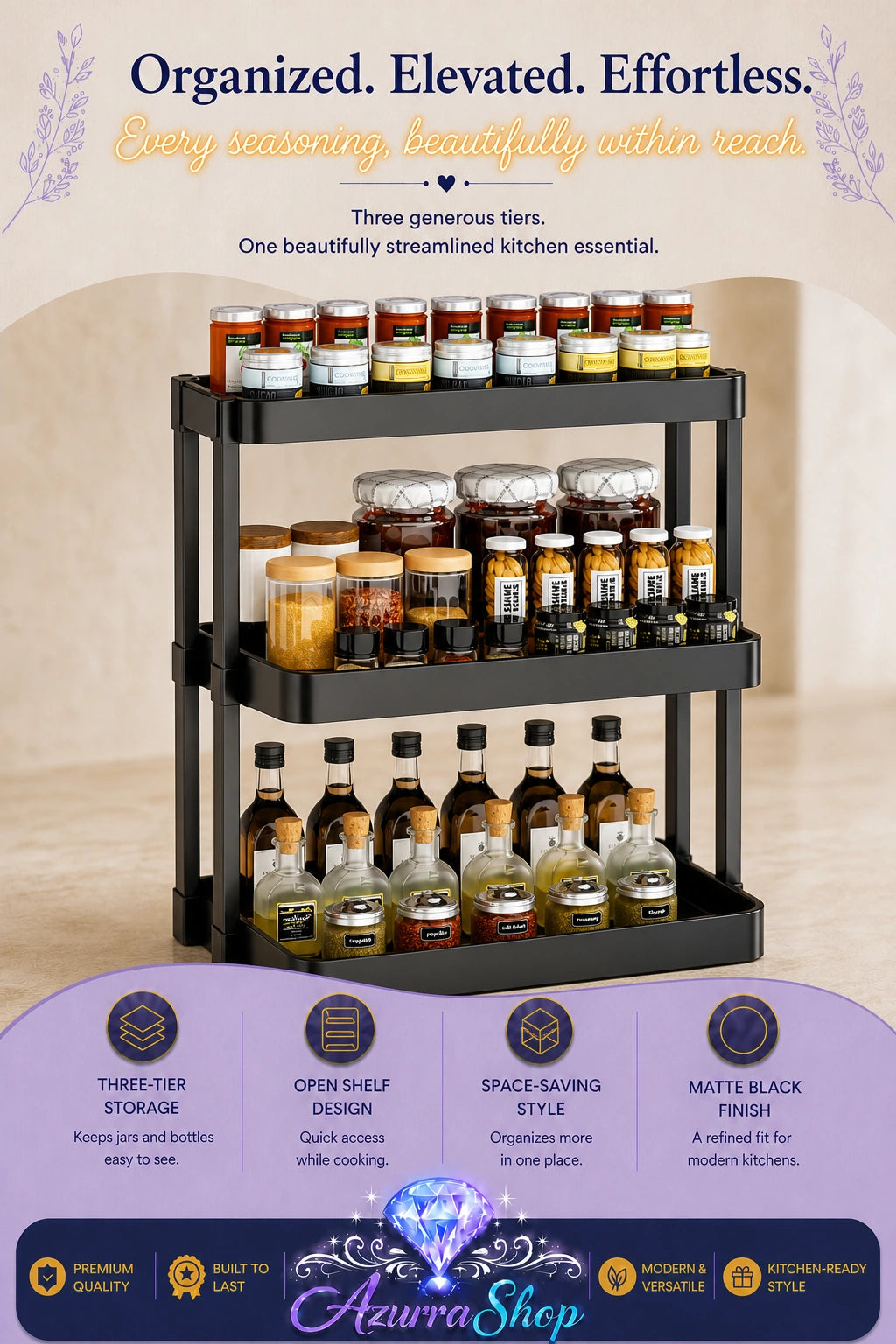 A three-tier black metal spice rack filled with assorted jars and bottles of spices, shown in a promotional graphic with text and feature callouts. The brand name &