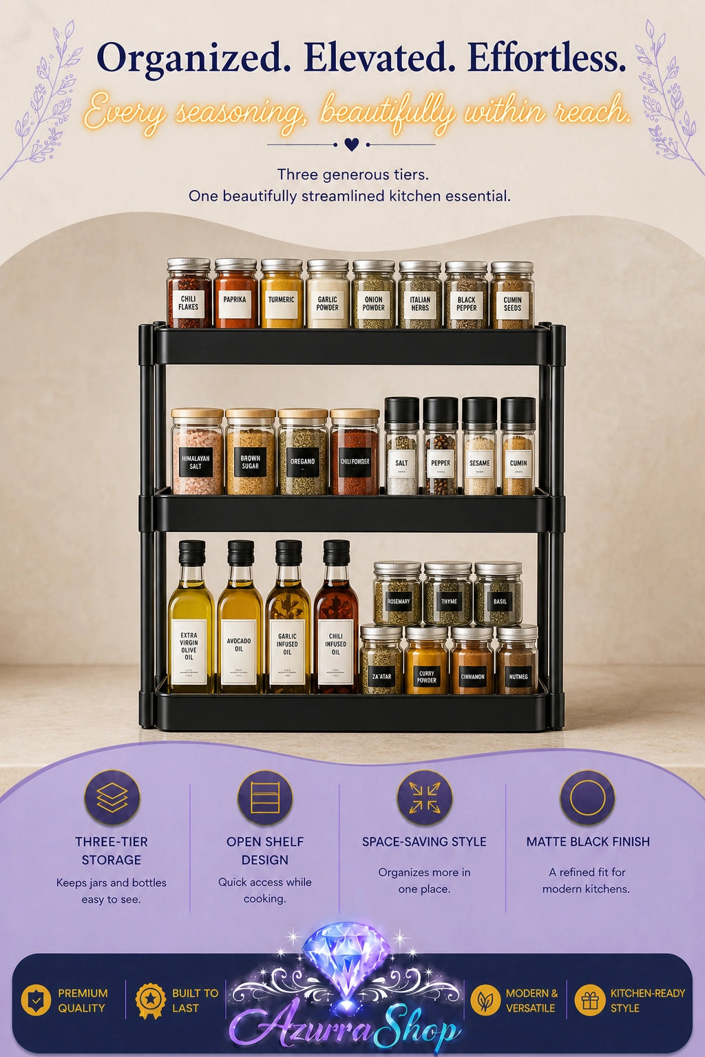 A three-tier black spice rack organizer filled with assorted spices and bottles, shown in a styled kitchen setting with promotional text and a purple footer banner from Azura Shop.
