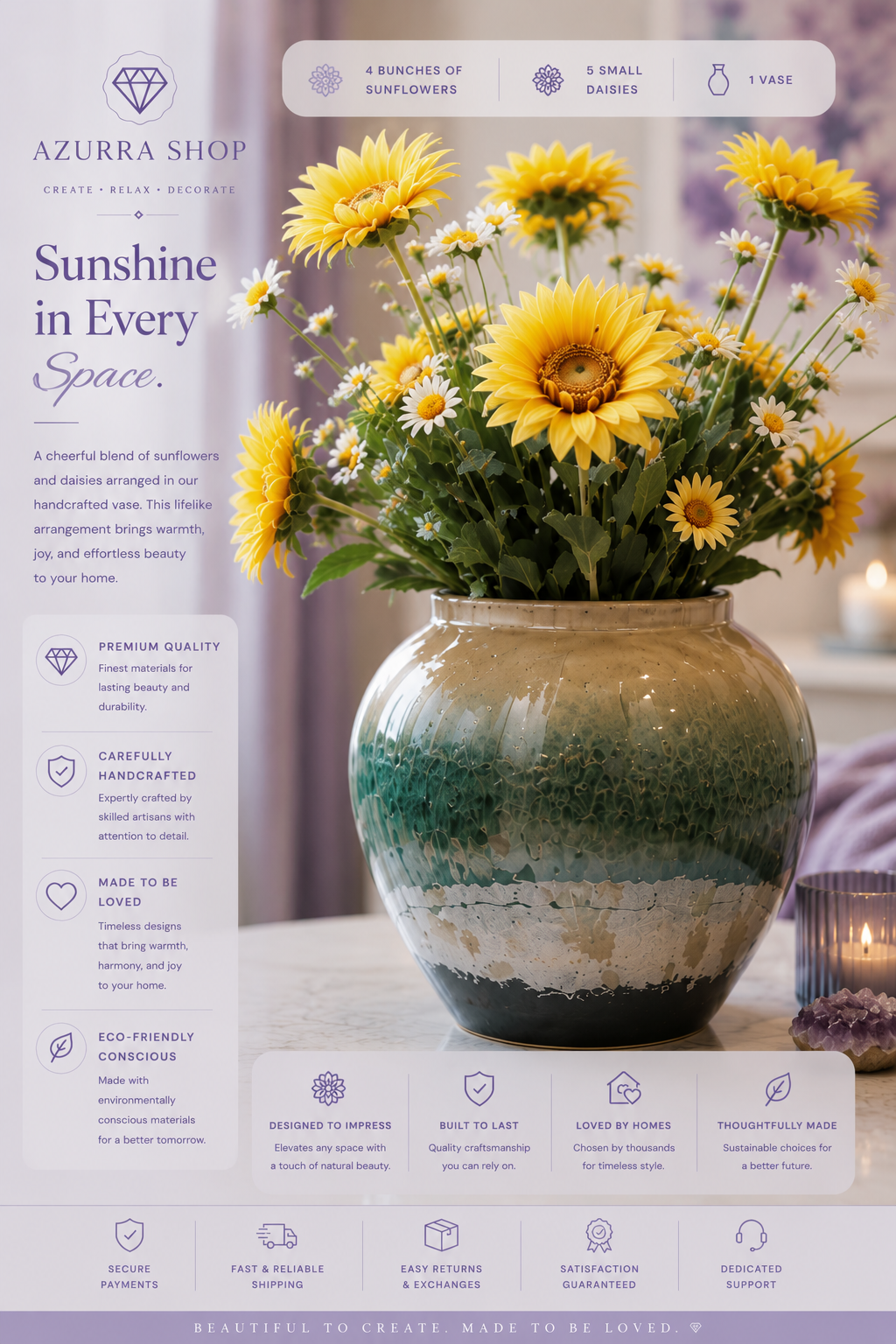 Close-up of golden sunflowers and white daisies in hand-glazed cream to teal ombre ceramic vase — Azurra Shop
