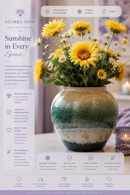 Close-up of golden sunflowers and white daisies in hand-glazed cream to teal ombre ceramic vase — Azurra Shop
