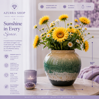 Sunflower and daisy ceramic vase dimensions 10" H x 10" W with 4 sunflower bunches and 5 daisies — Azurra Shop
