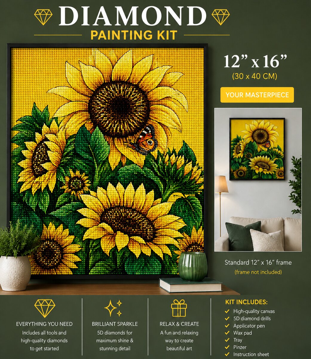 Sunflower field and butterfly diamond painting framed on a green wall, 12 by 16 inch size | Azurra Shop