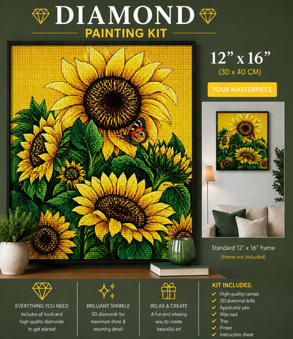 Sunflower field and butterfly diamond painting framed on a green wall, 12 by 16 inch size | Azurra Shop
