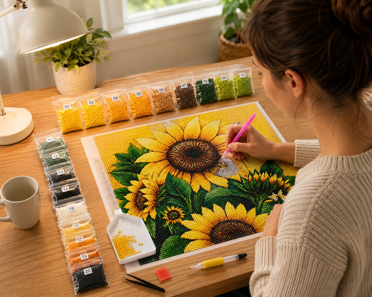 Woman placing diamonds on the sunflower field canvas at a desk with coffee and a lamp | Azurra Shop