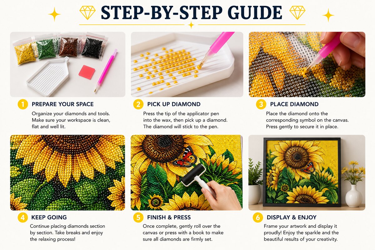 Step by step instructions for completing a diamond painting kit from canvas prep to framing | Azurra Shop