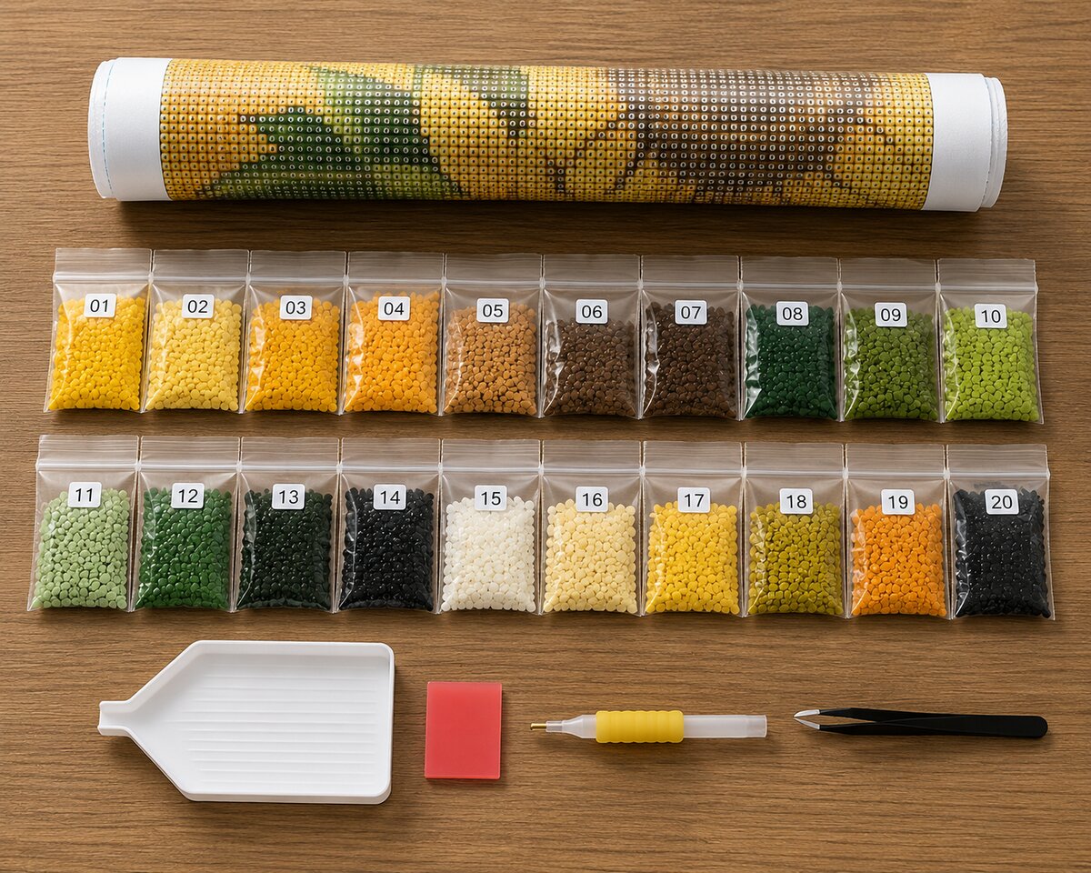 Diamond painting kit supplies including rolled canvas, 20 numbered diamond bags, tray, pen, and tweezers | Azurra Shop