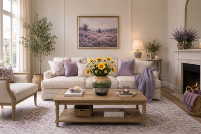 Sunflower and daisy ceramic vase styled on wooden coffee table in warm lavender living room with fireplace — Azurra Shop

