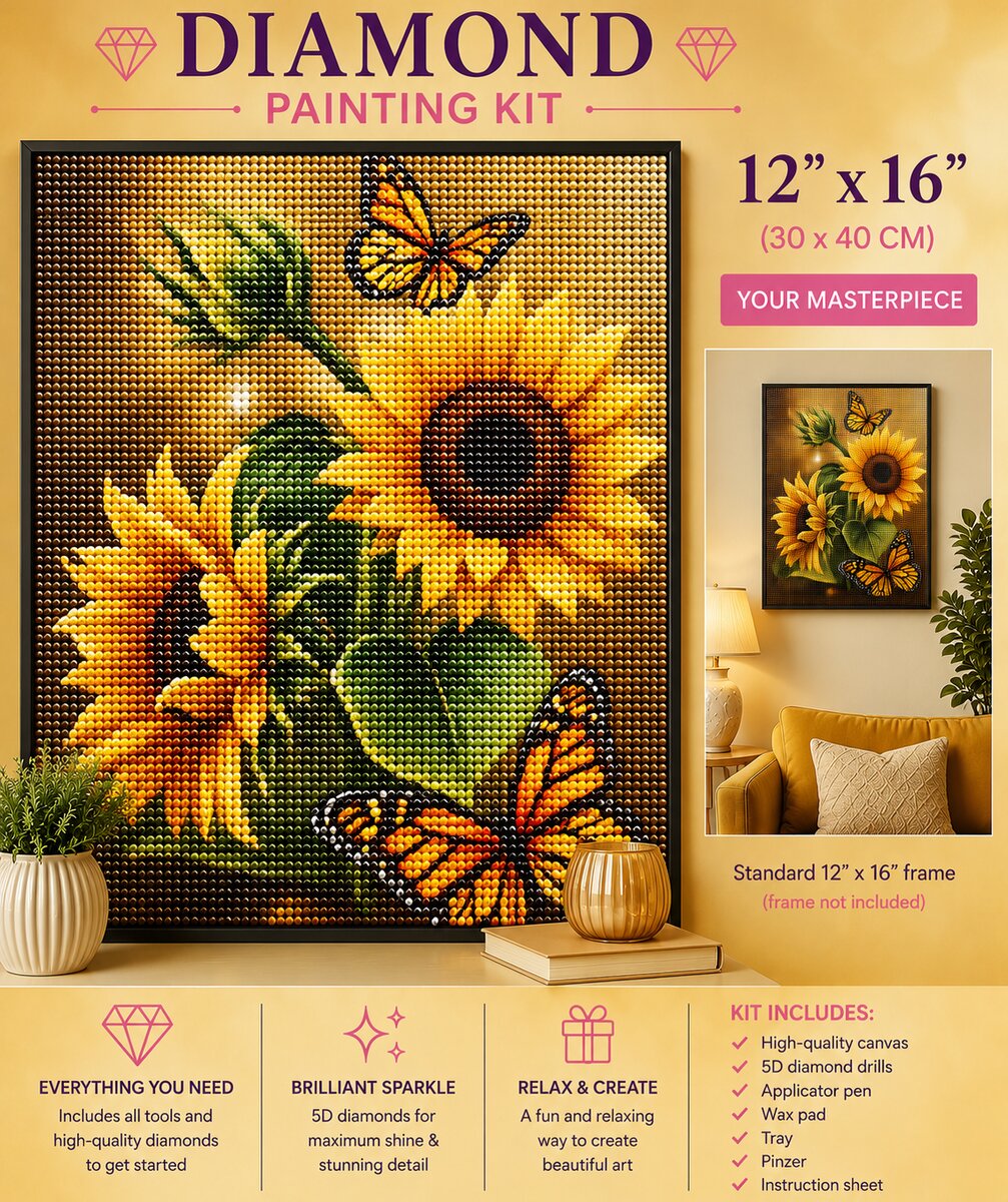Sunflower and butterfly diamond painting framed on a gold wall, 12 by 16 inch size | Azurra Shop
