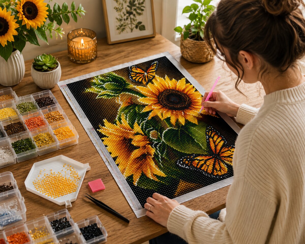 Woman placing diamonds on the sunflower and butterfly canvas at a desk with candle and flowers | Azurra Shop