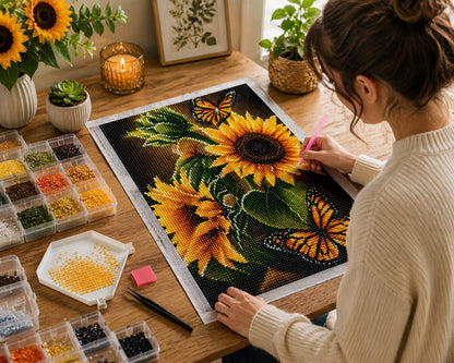 Woman placing diamonds on the sunflower and butterfly canvas at a desk with candle and flowers | Azurra Shop